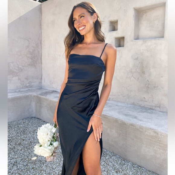 Billy J Julia Black Satin Maxi Dress Spaghetti Side Slit Ruched  Excellent 12 - Picture 8 of 12